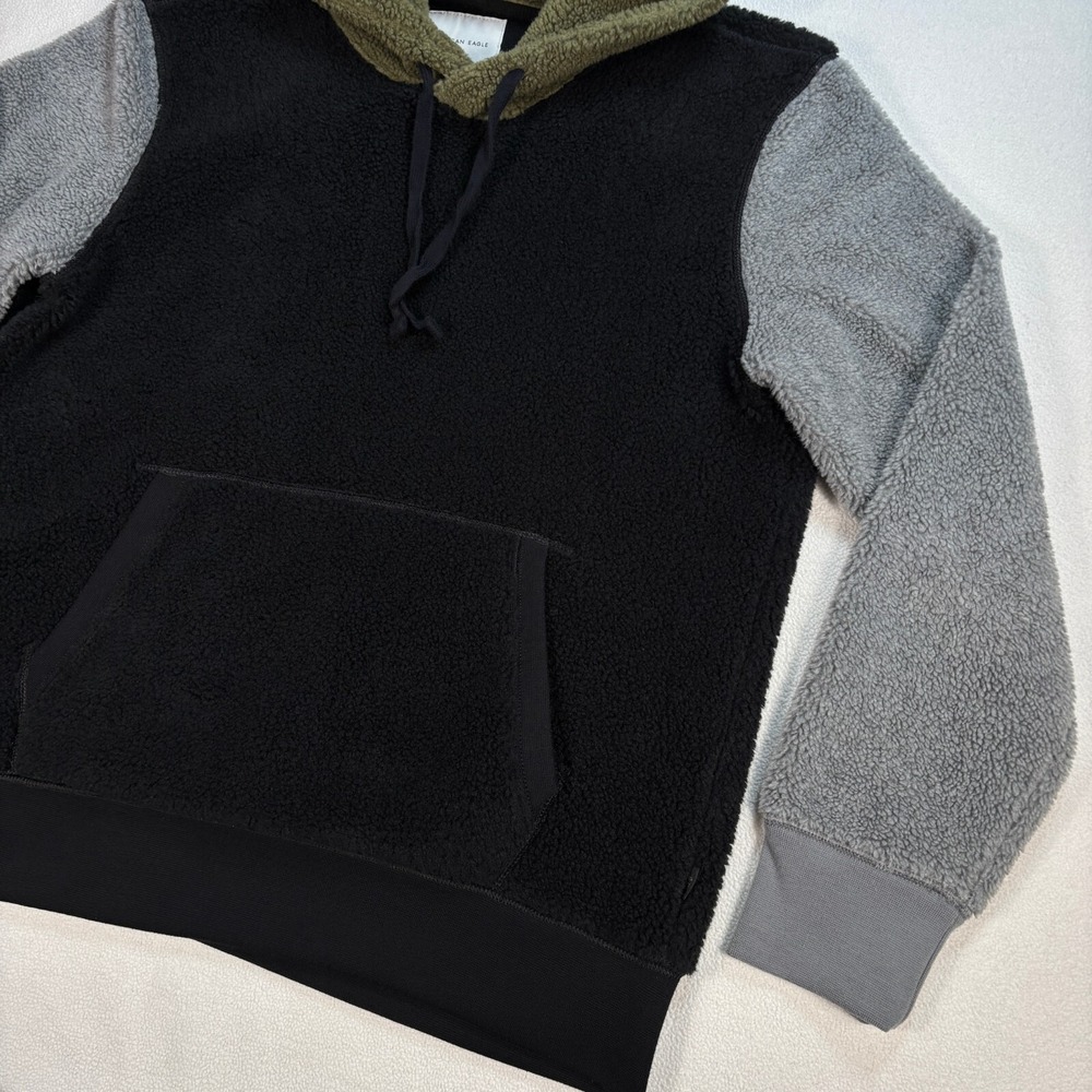 American Eagle Sherpa Hoodie Men's M Colorblock Fleece Pocket Drawstring - Picture 5 of 15